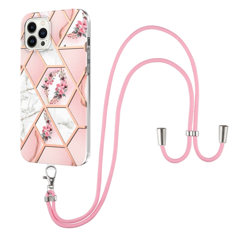 Electroplating Splicing Marble Flower Pattern TPU Shockproof Case with Lanyard, For iPhone 15 Pro Max, For iPhone 15 Pro, For iPhone 15 Plus, For iPhone 15