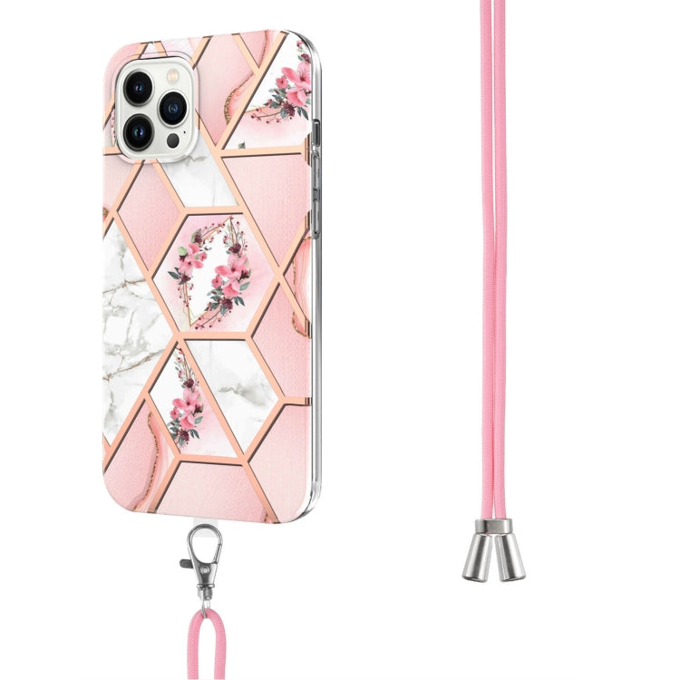 Electroplating Splicing Marble Flower Pattern TPU Shockproof Case with Lanyard, For iPhone 15 Pro Max, For iPhone 15 Pro, For iPhone 15 Plus, For iPhone 15