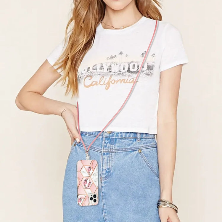 Electroplating Splicing Marble Flower Pattern TPU Shockproof Case with Lanyard, For iPhone 15 Pro Max, For iPhone 15 Pro, For iPhone 15 Plus, For iPhone 15