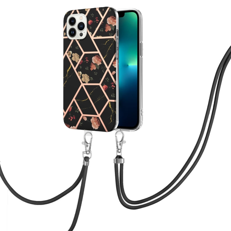 Electroplating Splicing Marble Flower Pattern TPU Shockproof Case with Lanyard, For iPhone 15 Pro Max, For iPhone 15 Pro, For iPhone 15 Plus, For iPhone 15