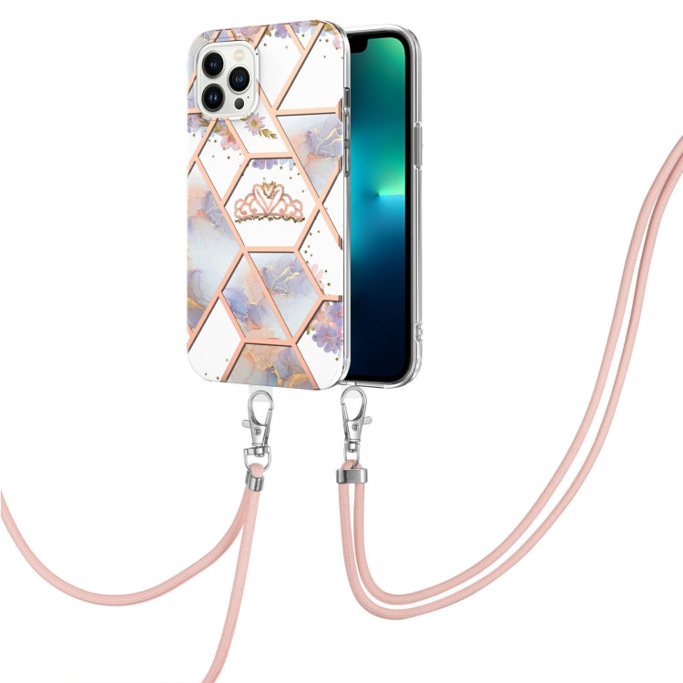 Electroplating Splicing Marble Flower Pattern TPU Shockproof Case with Lanyard, For iPhone 15 Pro Max, For iPhone 15 Pro, For iPhone 15 Plus, For iPhone 15