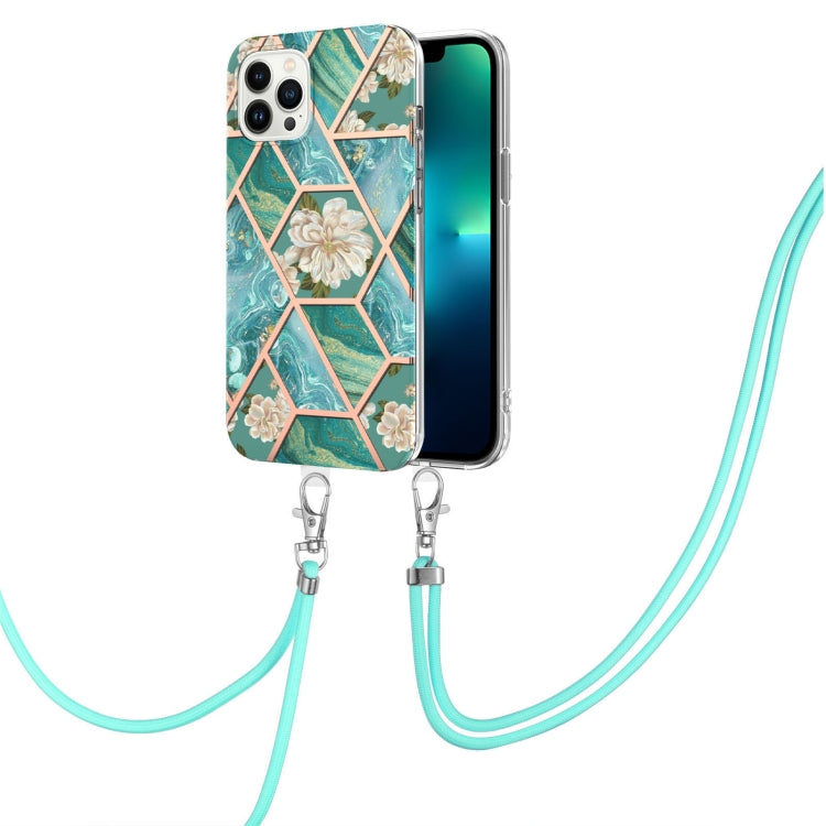 Electroplating Splicing Marble Flower Pattern TPU Shockproof Case with Lanyard, For iPhone 15 Pro Max, For iPhone 15 Pro, For iPhone 15 Plus, For iPhone 15