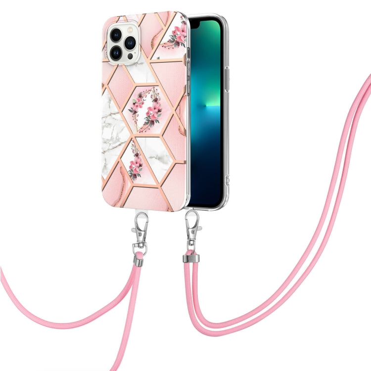 Electroplating Splicing Marble Flower Pattern TPU Shockproof Case with Lanyard, For iPhone 15 Pro Max, For iPhone 15 Pro, For iPhone 15 Plus, For iPhone 15