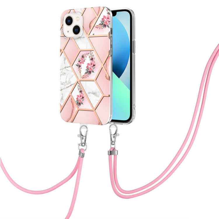 Electroplating Splicing Marble Flower Pattern TPU Shockproof Case with Lanyard, For iPhone 15 Pro Max, For iPhone 15 Pro, For iPhone 15 Plus, For iPhone 15