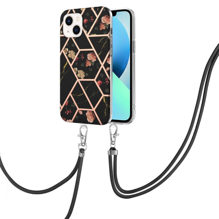 Electroplating Splicing Marble Flower Pattern TPU Shockproof Case with Lanyard, For iPhone 15 Pro Max, For iPhone 15 Pro, For iPhone 15 Plus, For iPhone 15