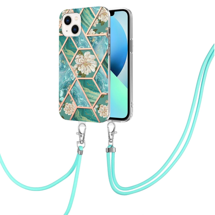 Electroplating Splicing Marble Flower Pattern TPU Shockproof Case with Lanyard, For iPhone 15 Pro Max, For iPhone 15 Pro, For iPhone 15 Plus, For iPhone 15
