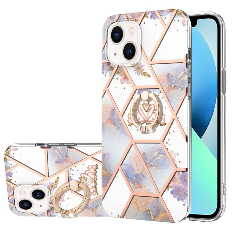 Electroplating Splicing Marble Flower Pattern TPU Shockproof Case with Rhinestone Ring Holder, For iPhone 15 Pro Max, For iPhone 15 Pro, For iPhone 15 Plus, For iPhone 15