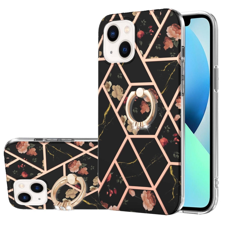 Electroplating Splicing Marble Flower Pattern TPU Shockproof Case with Rhinestone Ring Holder, For iPhone 15 Pro Max, For iPhone 15 Pro, For iPhone 15 Plus, For iPhone 15
