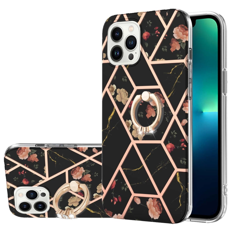 Electroplating Splicing Marble Flower Pattern TPU Shockproof Case with Rhinestone Ring Holder, For iPhone 15 Pro Max, For iPhone 15 Pro, For iPhone 15 Plus, For iPhone 15