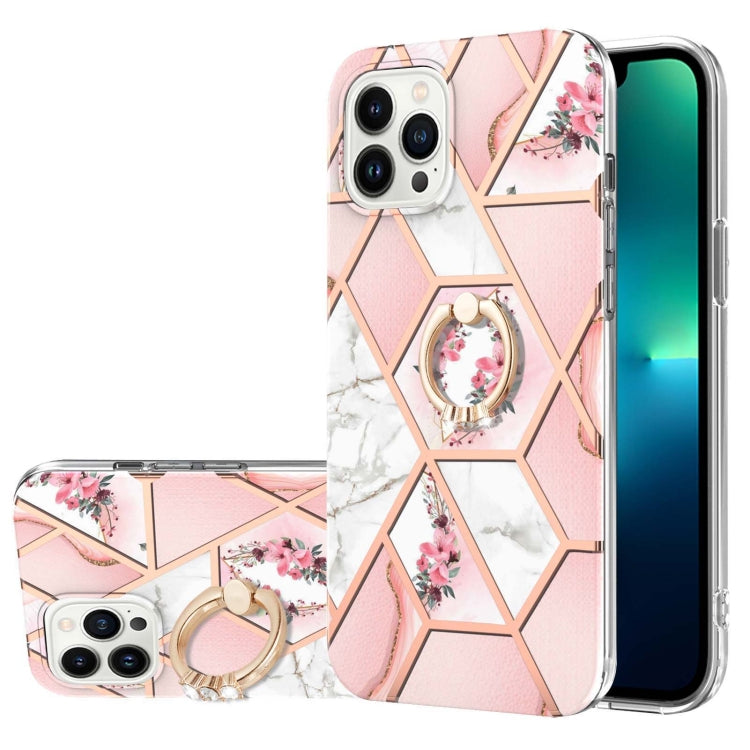 Electroplating Splicing Marble Flower Pattern TPU Shockproof Case with Rhinestone Ring Holder, For iPhone 15 Pro Max, For iPhone 15 Pro, For iPhone 15 Plus, For iPhone 15
