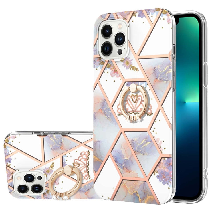 Electroplating Splicing Marble Flower Pattern TPU Shockproof Case with Rhinestone Ring Holder, For iPhone 15 Pro Max, For iPhone 15 Pro, For iPhone 15 Plus, For iPhone 15