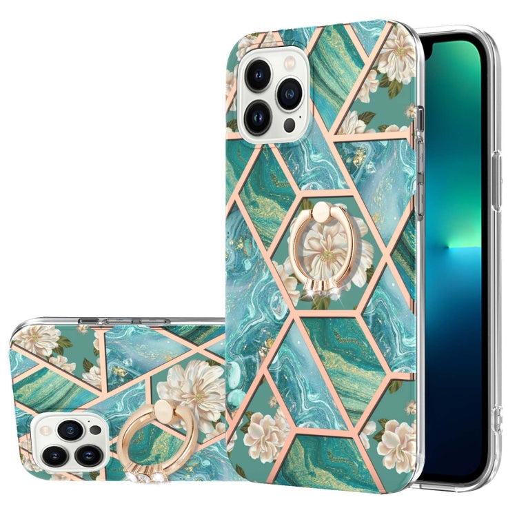 Electroplating Splicing Marble Flower Pattern TPU Shockproof Case with Rhinestone Ring Holder, For iPhone 15 Pro Max, For iPhone 15 Pro, For iPhone 15 Plus, For iPhone 15
