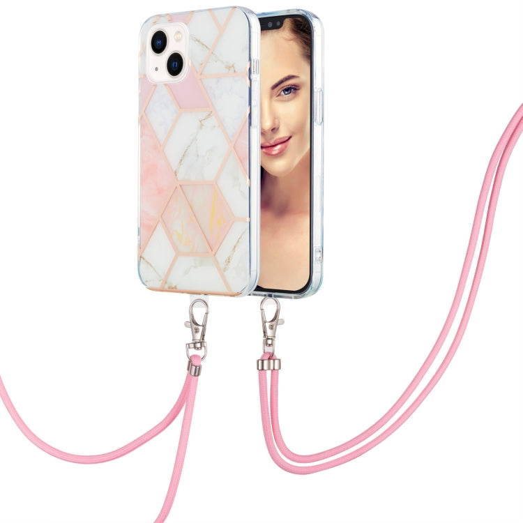 Electroplating Splicing Marble Pattern IMD TPU Shockproof Case with Neck Lanyard, For iPhone 15 Pro Max, For iPhone 15 Pro, For iPhone 15 Plus, For iPhone 15