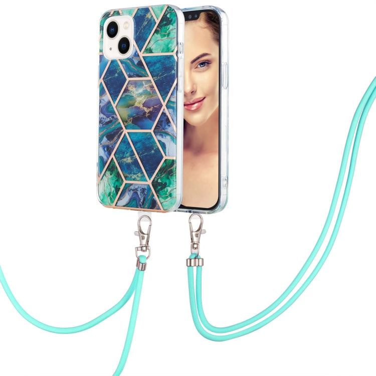 Electroplating Splicing Marble Pattern IMD TPU Shockproof Case with Neck Lanyard, For iPhone 15 Pro Max, For iPhone 15 Pro, For iPhone 15 Plus, For iPhone 15