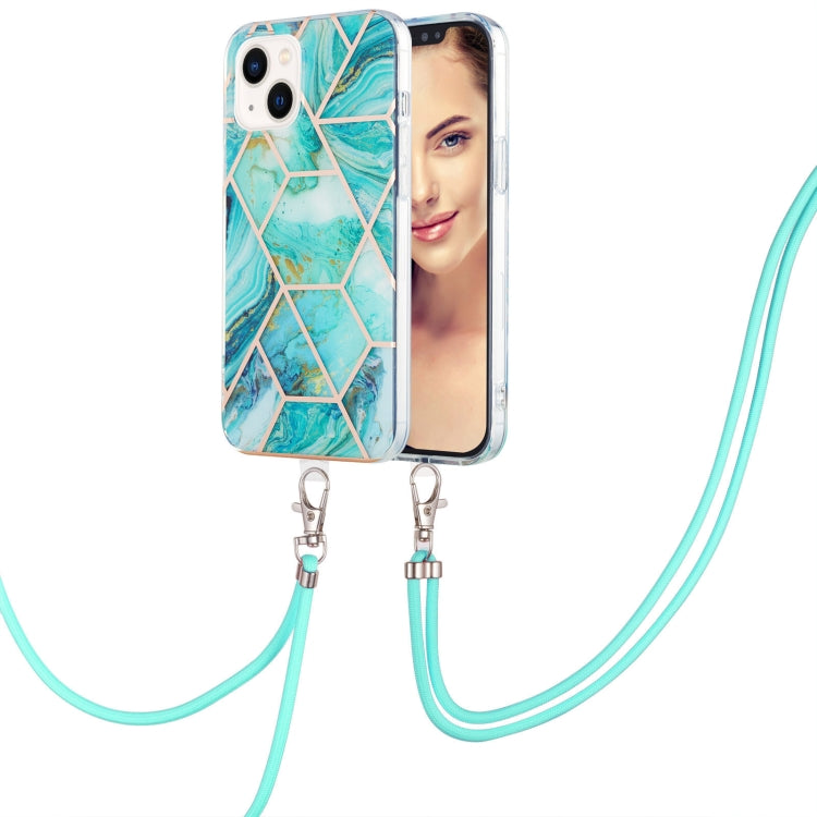 Electroplating Splicing Marble Pattern IMD TPU Shockproof Case with Neck Lanyard, For iPhone 15 Pro Max, For iPhone 15 Pro, For iPhone 15 Plus, For iPhone 15
