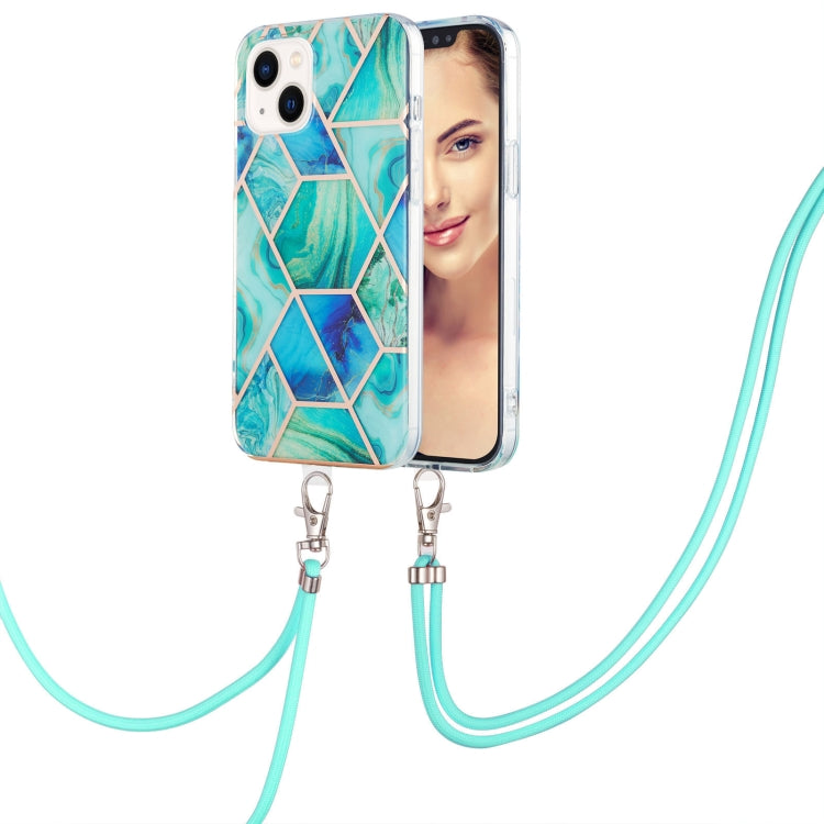 Electroplating Splicing Marble Pattern IMD TPU Shockproof Case with Neck Lanyard, For iPhone 15 Pro Max, For iPhone 15 Pro, For iPhone 15 Plus, For iPhone 15