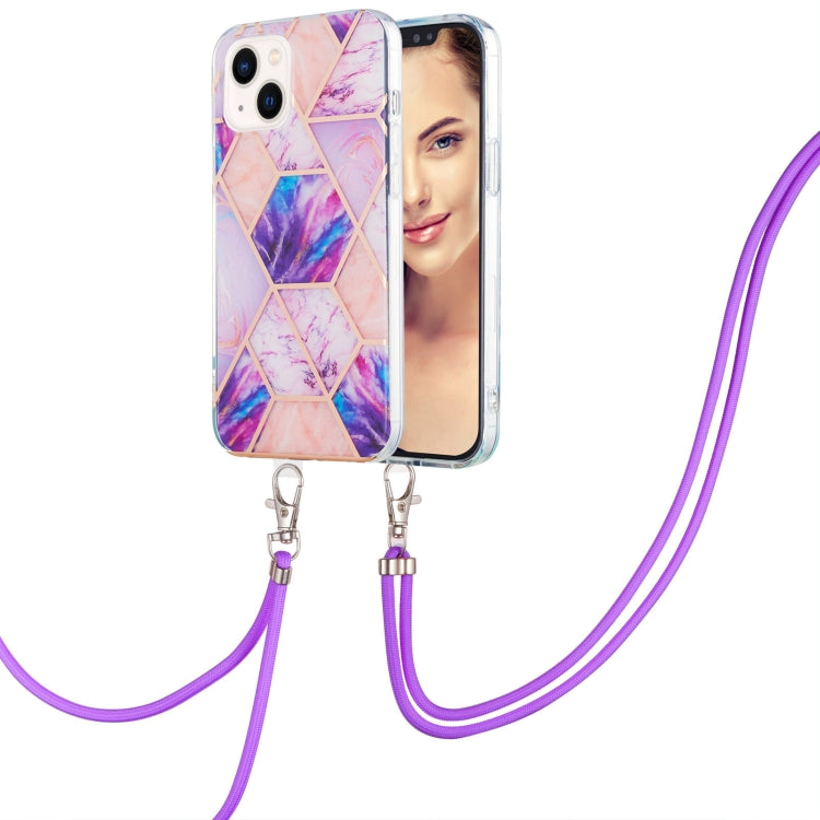 Electroplating Splicing Marble Pattern IMD TPU Shockproof Case with Neck Lanyard, For iPhone 15 Pro Max, For iPhone 15 Pro, For iPhone 15 Plus, For iPhone 15