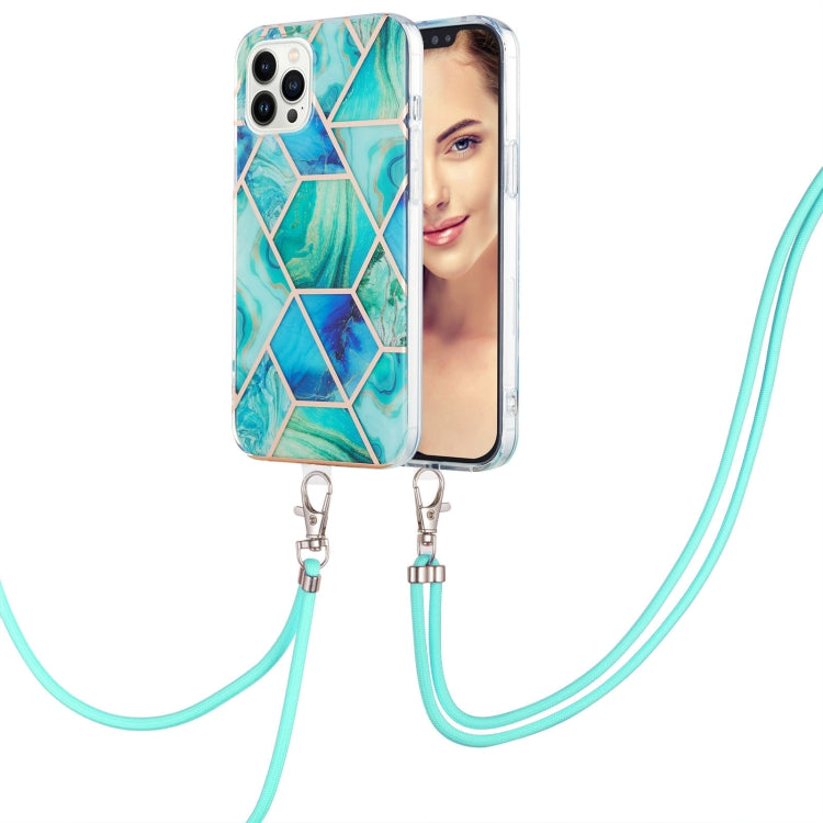 Electroplating Splicing Marble Pattern IMD TPU Shockproof Case with Neck Lanyard, For iPhone 15 Pro Max, For iPhone 15 Pro, For iPhone 15 Plus, For iPhone 15