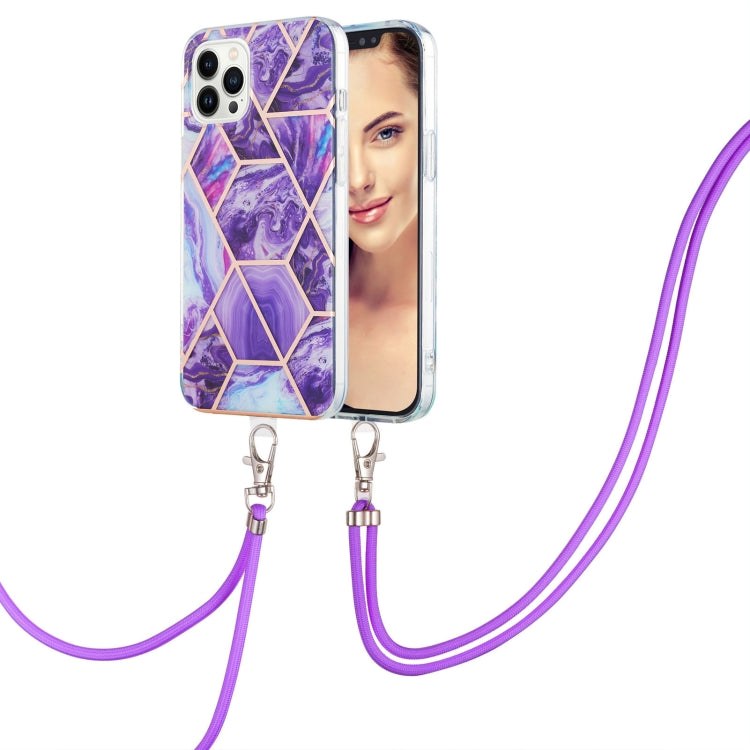 Electroplating Splicing Marble Pattern IMD TPU Shockproof Case with Neck Lanyard, For iPhone 15 Pro Max, For iPhone 15 Pro, For iPhone 15 Plus, For iPhone 15