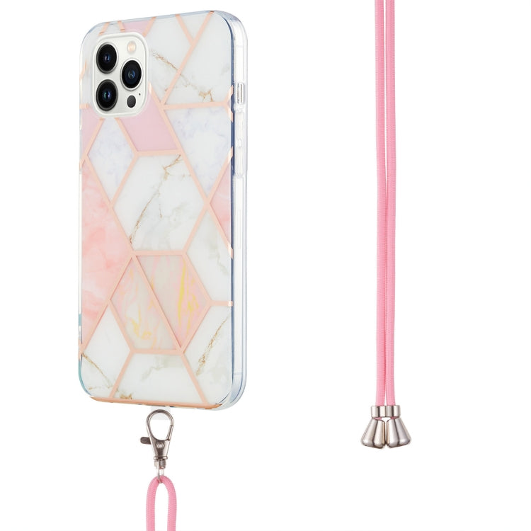 Electroplating Splicing Marble Pattern IMD TPU Shockproof Case with Neck Lanyard, For iPhone 15 Pro Max, For iPhone 15 Pro, For iPhone 15 Plus, For iPhone 15
