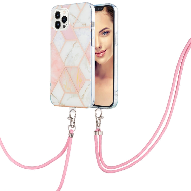 Electroplating Splicing Marble Pattern IMD TPU Shockproof Case with Neck Lanyard, For iPhone 15 Pro Max, For iPhone 15 Pro, For iPhone 15 Plus, For iPhone 15