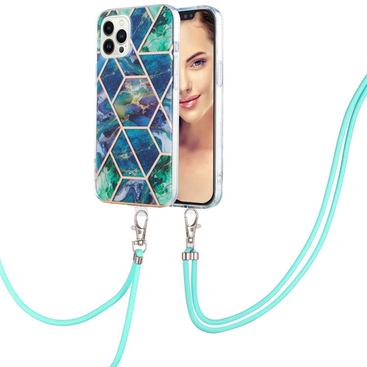 Electroplating Splicing Marble Pattern IMD TPU Shockproof Case with Neck Lanyard, For iPhone 15 Pro Max, For iPhone 15 Pro, For iPhone 15 Plus, For iPhone 15