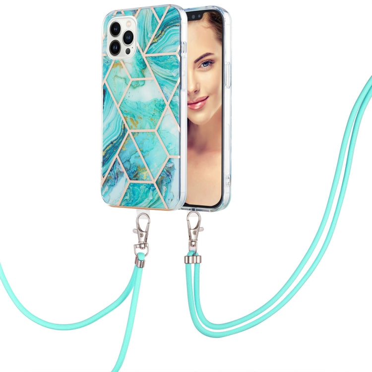 Electroplating Splicing Marble Pattern IMD TPU Shockproof Case with Neck Lanyard, For iPhone 15 Pro Max, For iPhone 15 Pro, For iPhone 15 Plus, For iPhone 15