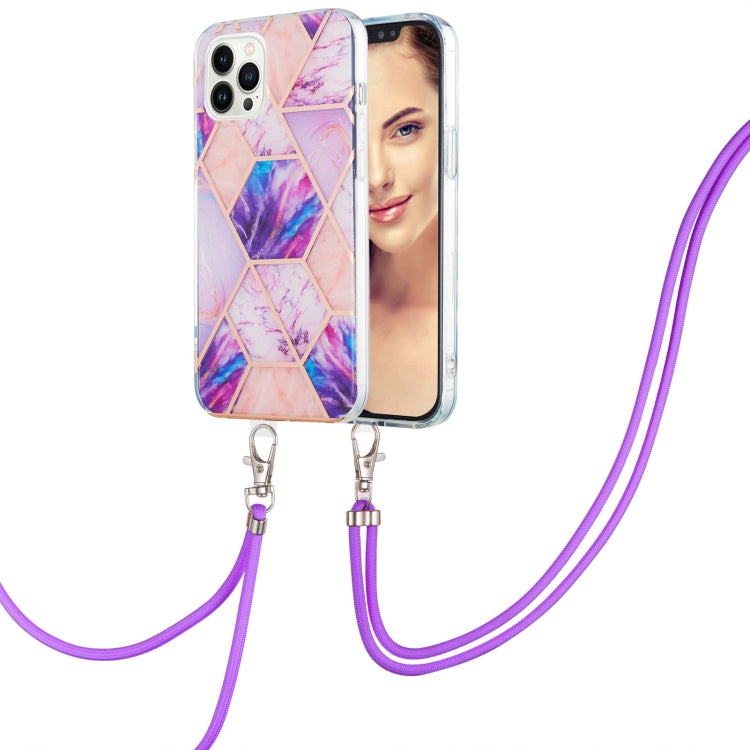 Electroplating Splicing Marble Pattern IMD TPU Shockproof Case with Neck Lanyard, For iPhone 15 Pro Max, For iPhone 15 Pro, For iPhone 15 Plus, For iPhone 15