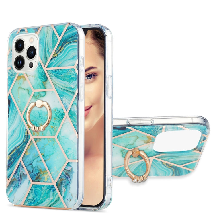 Electroplating Splicing Marble Pattern IMD TPU Shockproof Case with Ring Holder, For iPhone 15 Pro Max, For iPhone 15 Pro, For iPhone 15 Plus, For iPhone 15
