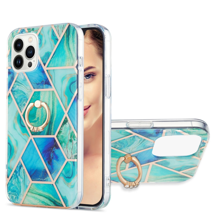 Electroplating Splicing Marble Pattern IMD TPU Shockproof Case with Ring Holder, For iPhone 15 Pro Max, For iPhone 15 Pro, For iPhone 15 Plus, For iPhone 15