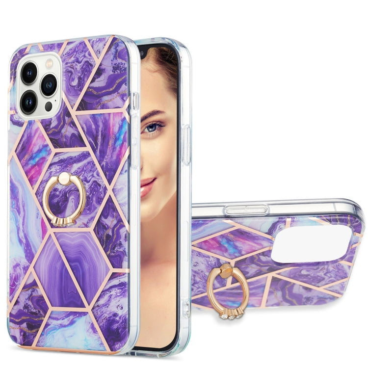 Electroplating Splicing Marble Pattern IMD TPU Shockproof Case with Ring Holder, For iPhone 15 Pro Max, For iPhone 15 Pro, For iPhone 15 Plus, For iPhone 15