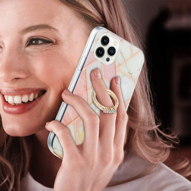 Electroplating Splicing Marble Pattern IMD TPU Shockproof Case with Ring Holder, For iPhone 15 Pro Max, For iPhone 15 Pro, For iPhone 15 Plus, For iPhone 15