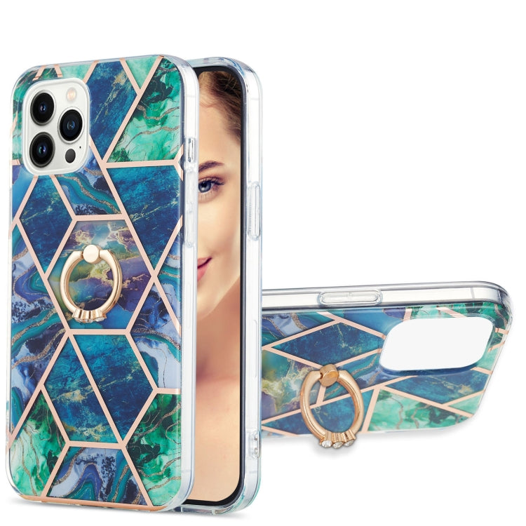 Electroplating Splicing Marble Pattern IMD TPU Shockproof Case with Ring Holder, For iPhone 15 Pro Max, For iPhone 15 Pro, For iPhone 15 Plus, For iPhone 15
