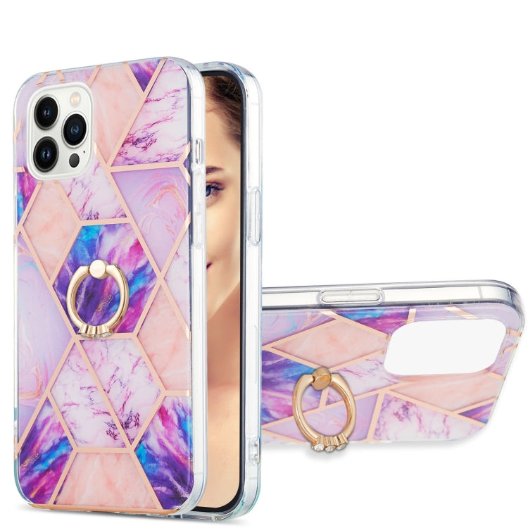 Electroplating Splicing Marble Pattern IMD TPU Shockproof Case with Ring Holder, For iPhone 15 Pro Max, For iPhone 15 Pro, For iPhone 15 Plus, For iPhone 15