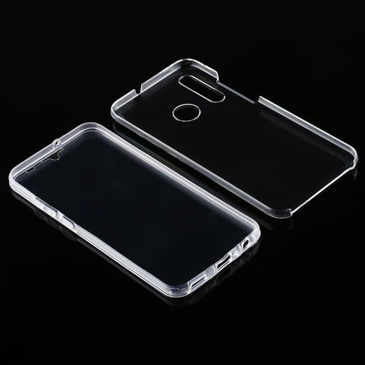 Dual-layer transparent case for Galaxy A20e showing precise cutouts and button access details