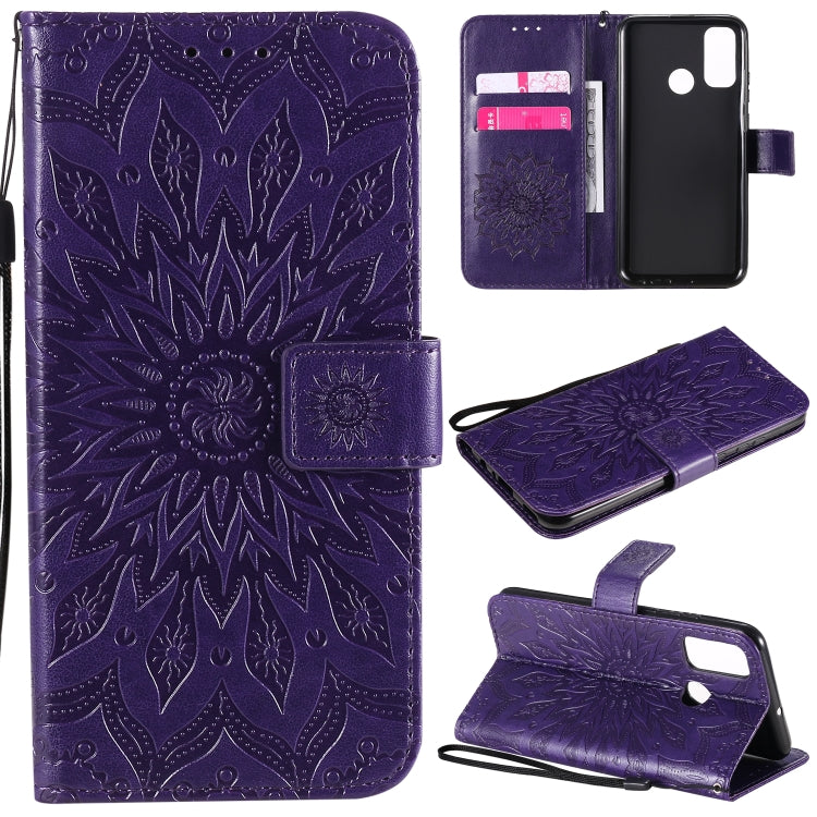 Embossed Sunflower Pattern Horizontal Flip PU Leather Case with Holder & Card Slots & Wallet & Lanyard, For Huawei P40 Lite E/Y7p/Honor 9C, For Huawei P smart 2020, For Huawei Y5p/Honor 9S