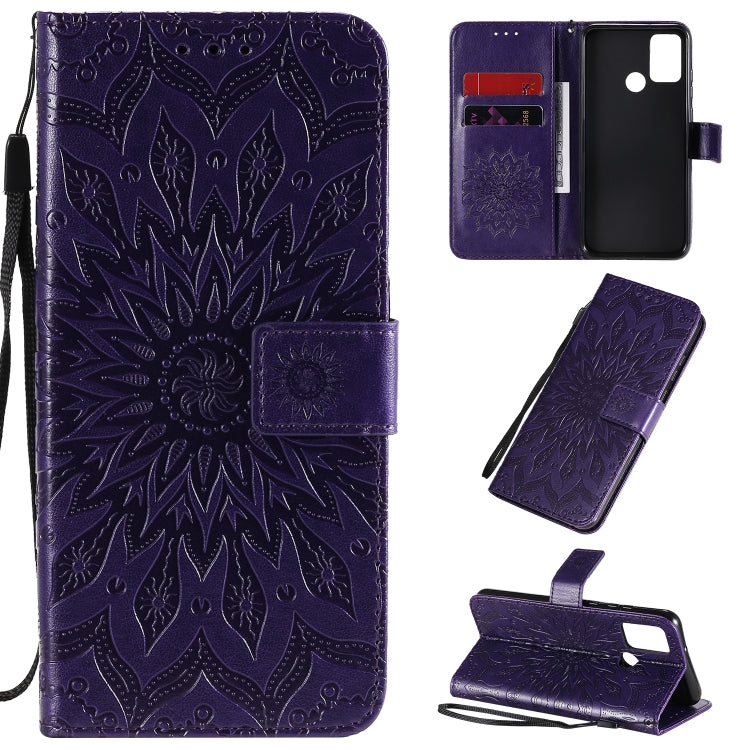 Embossed Sunflower Pattern Horizontal Flip PU Leather Case with Holder & Card Slots & Wallet & Lanyard, For Huawei Y6p, For Huawei Honor 9A, For Huawei Honor 30 Pro