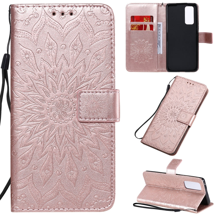 Embossed Sunflower Pattern Horizontal Flip PU Leather Case with Holder & Card Slots & Wallet & Lanyard, For Huawei Y6p, For Huawei Honor 9A, For Huawei Honor 30 Pro