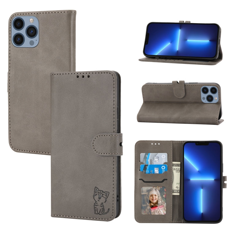 Embossed Happy Cat Pattern Flip Leather Phone Case, For iPhone 15 Pro Max, For iPhone 15 Pro, For iPhone 15 Plus, For iPhone 15