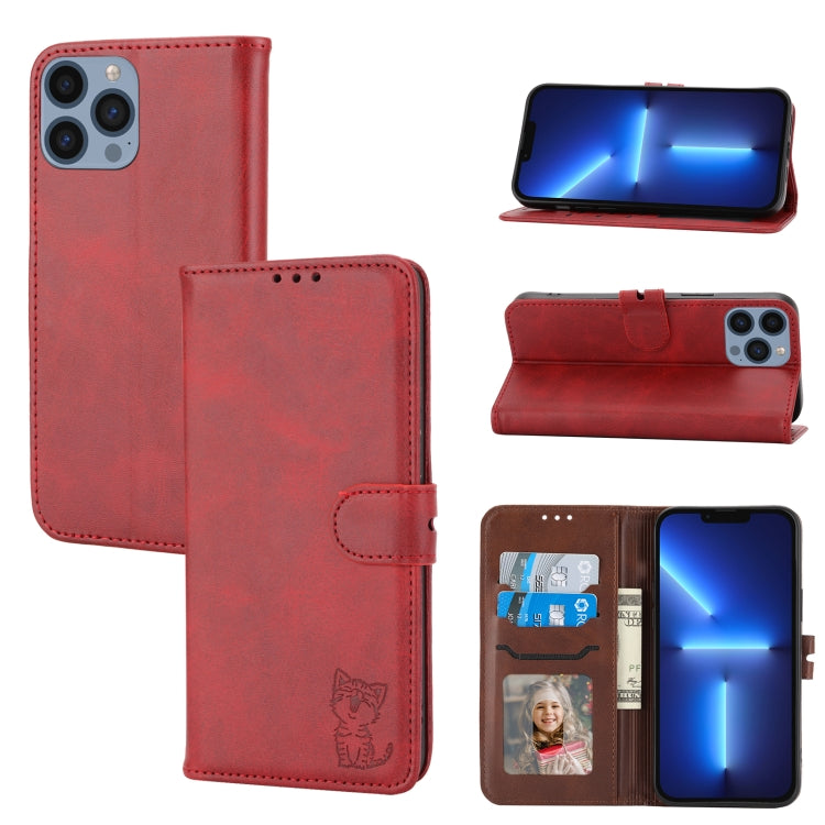 Embossed Happy Cat Pattern Flip Leather Phone Case, For iPhone 15 Pro Max, For iPhone 15 Pro, For iPhone 15 Plus, For iPhone 15