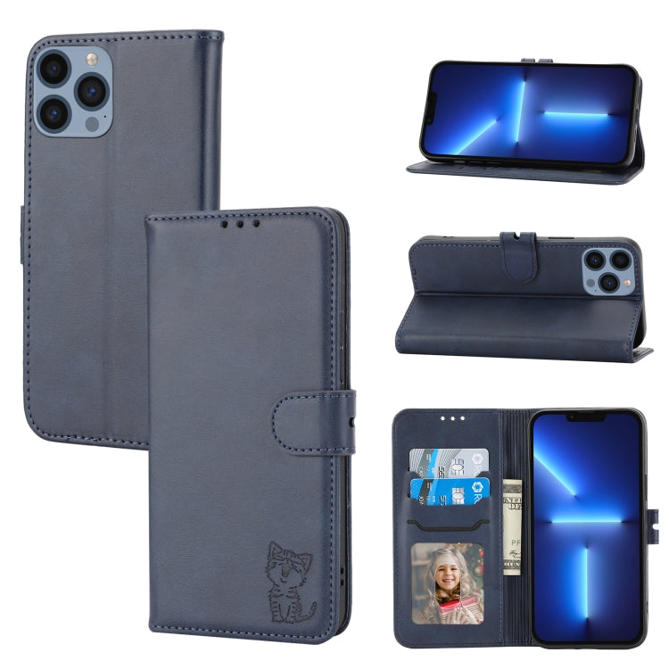 Embossed Happy Cat Pattern Flip Leather Phone Case, For iPhone 15 Pro Max, For iPhone 15 Pro, For iPhone 15 Plus, For iPhone 15