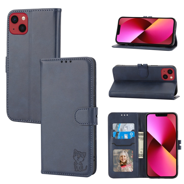 Embossed Happy Cat Pattern Flip Leather Phone Case, For iPhone 15 Pro Max, For iPhone 15 Pro, For iPhone 15 Plus, For iPhone 15