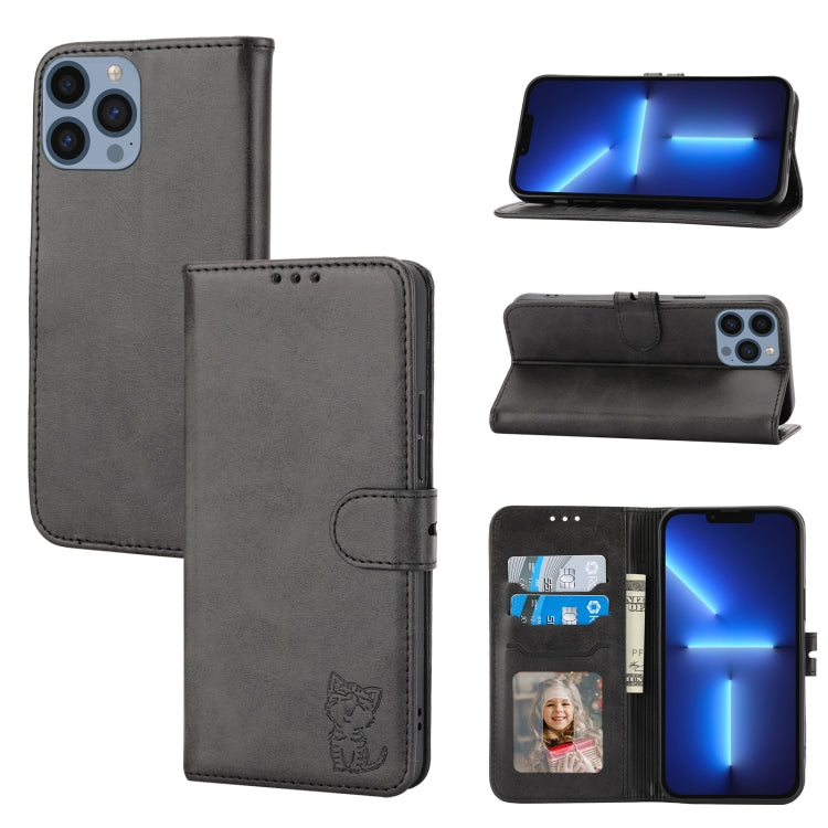 Embossed Happy Cat Pattern Flip Leather Phone Case, iPhone 16e, For iPhone 16 Pro Max, For iPhone 16 Pro, For iPhone 16