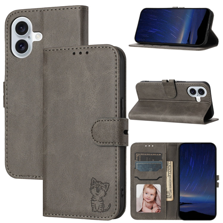 Embossed Happy Cat Pattern Flip Leather Phone Case, iPhone 16e, For iPhone 16 Pro Max, For iPhone 16 Pro, For iPhone 16