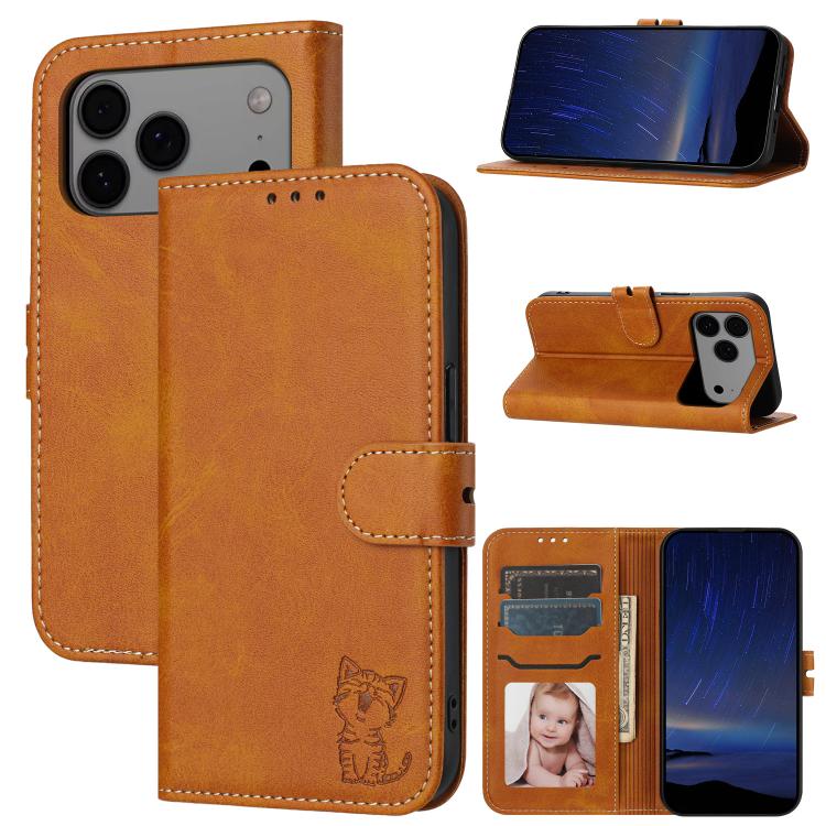 Embossed Happy Cat Pattern Flip Leather Phone Case, For iPhone 17 Pro Max, For iPhone 17 Pro, For iPhone 17, For iPhone 17 Air