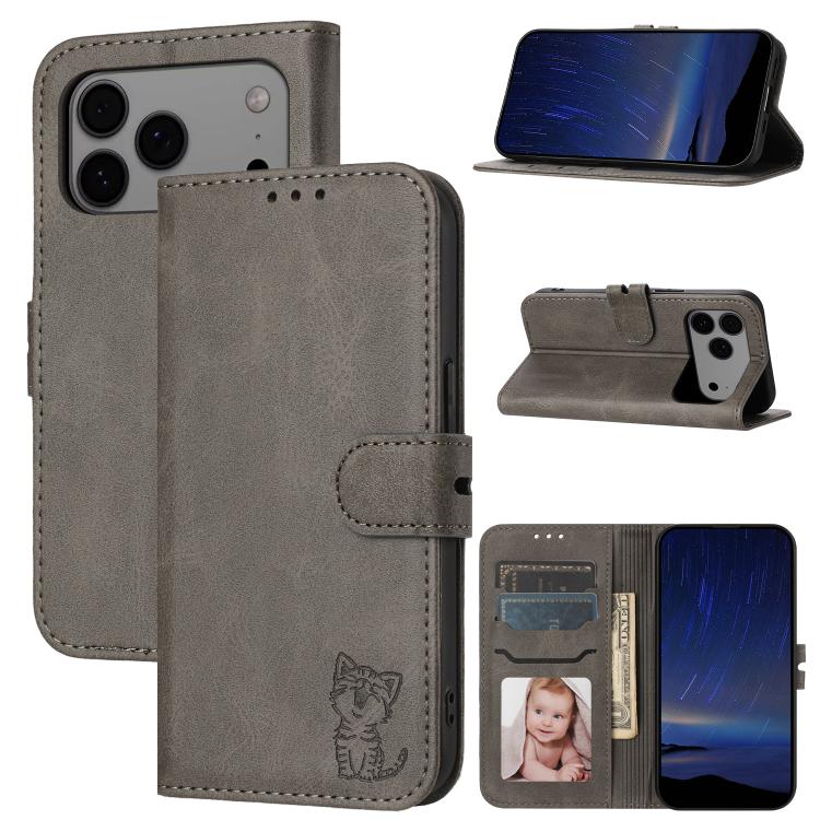 Embossed Happy Cat Pattern Flip Leather Phone Case, For iPhone 17 Pro Max, For iPhone 17 Pro, For iPhone 17, For iPhone 17 Air