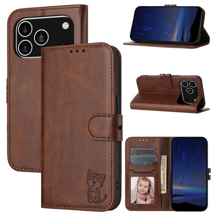 Embossed Happy Cat Pattern Flip Leather Phone Case, For iPhone 17 Pro Max, For iPhone 17 Pro, For iPhone 17, For iPhone 17 Air