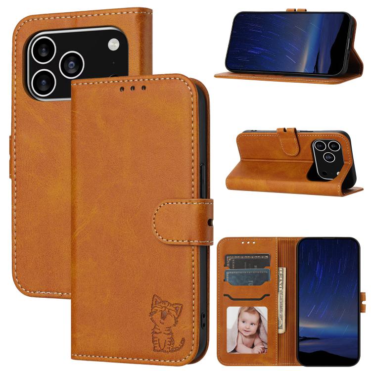 Embossed Happy Cat Pattern Flip Leather Phone Case, For iPhone 17 Pro Max, For iPhone 17 Pro, For iPhone 17, For iPhone 17 Air