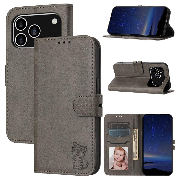 Embossed Happy Cat Pattern Flip Leather Phone Case, For iPhone 17 Pro Max, For iPhone 17 Pro, For iPhone 17, For iPhone 17 Air