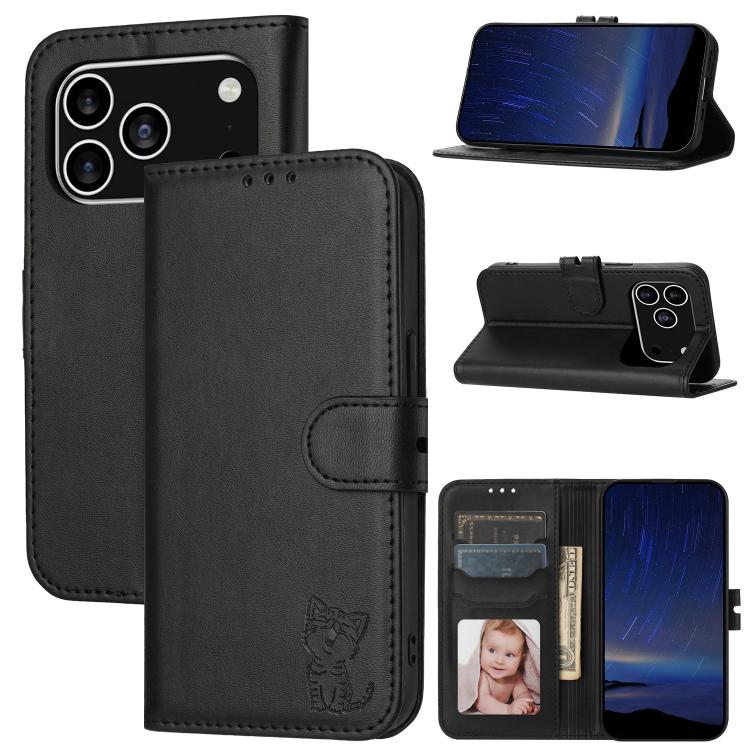 Embossed Happy Cat Pattern Flip Leather Phone Case, For iPhone 17 Pro Max, For iPhone 17 Pro, For iPhone 17, For iPhone 17 Air